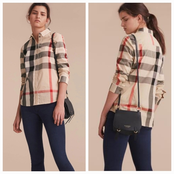 Burberry Tops - **Rare** Burberry Beige Check Cotton Lace Button Front Shirt! Size M.